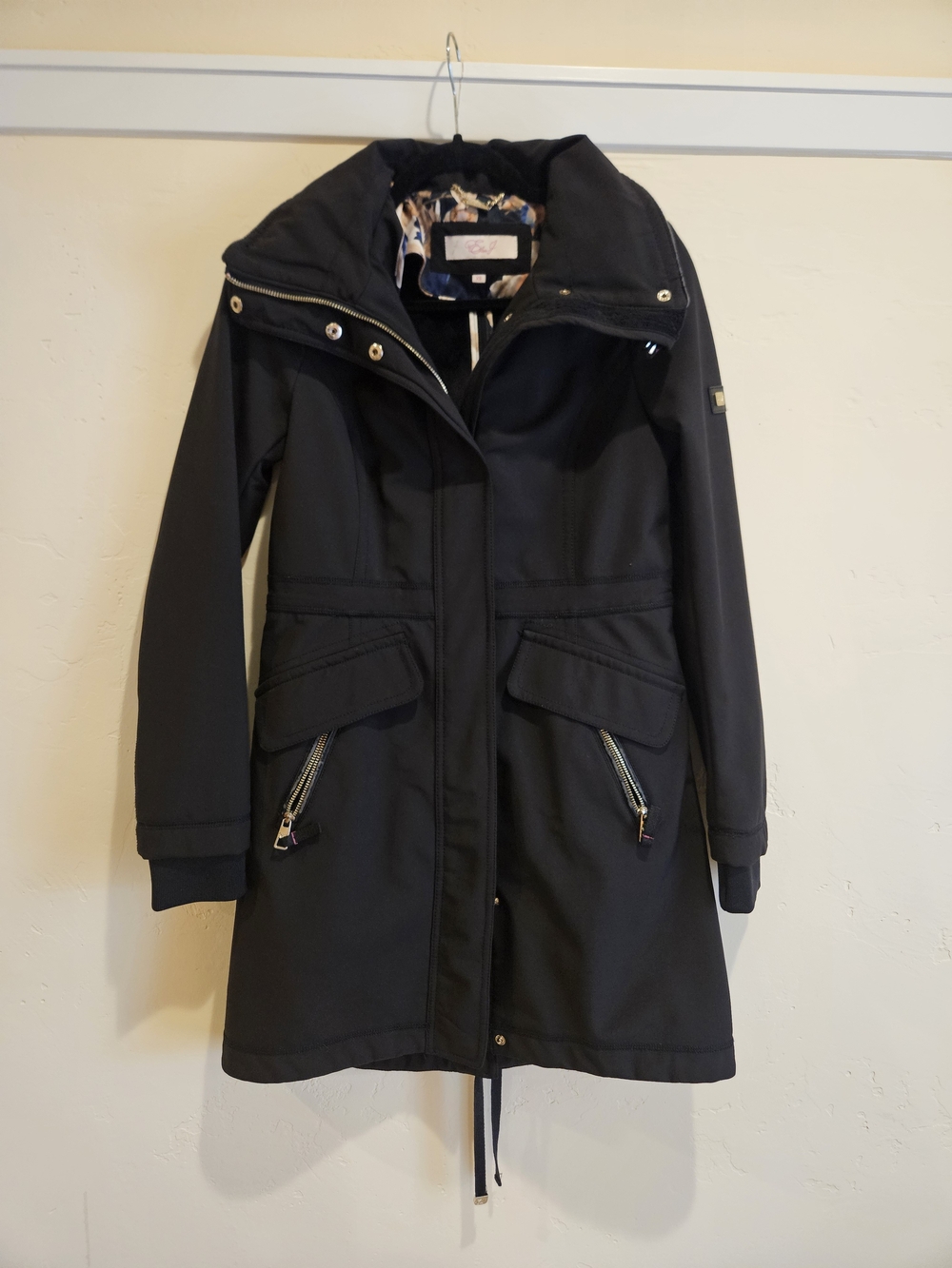 Eliza J Black Soft Shell Coat with Zip Hidden Hood